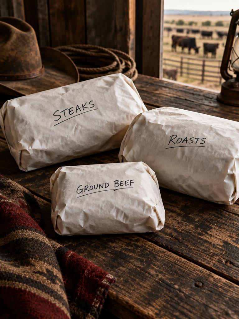 Butcher-paper packages labeled steaks, roasts, and ground beef