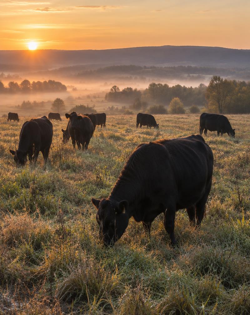 Black cattle grazing in pasture at sunrise