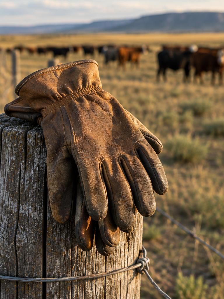 Weathered ranch gloves on a fence post